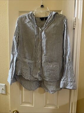 Tahari Blue & White Striped Linen Hooded Shirt-Small